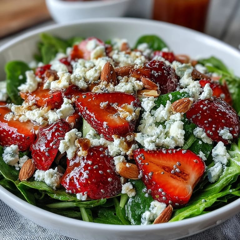 Saftige Erdbeeren und knackiger Spinat mit cremigem Mohn-Dressing.