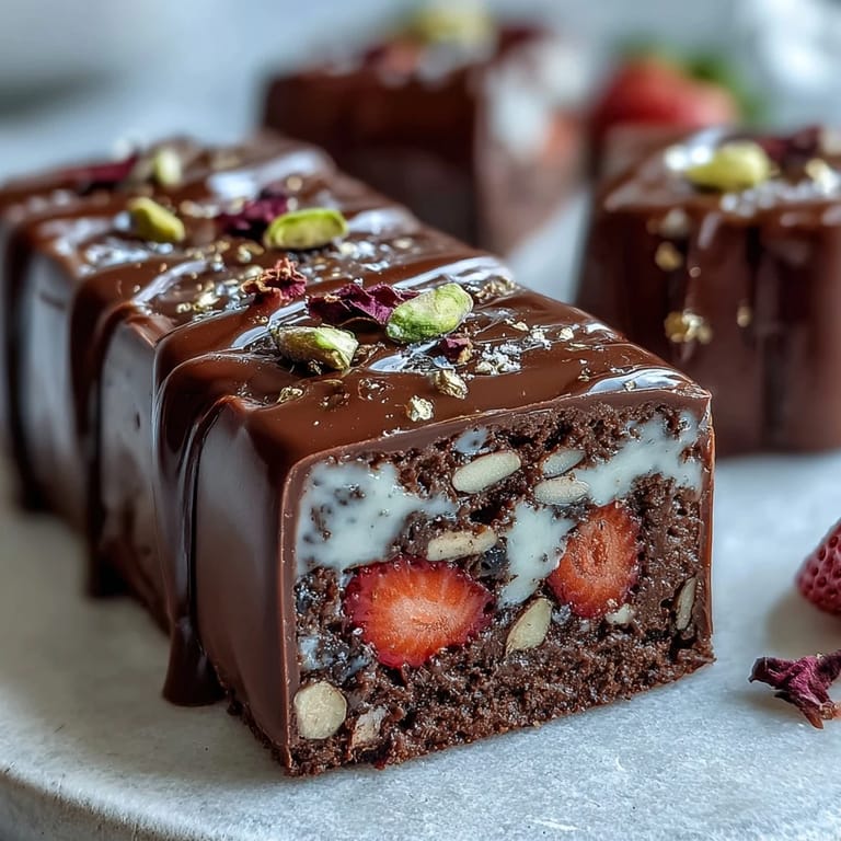 Dubai-Schokoladen-Erdbeer-Bark – Luxuriöse Schichten aus dunkler und weißer Schokolade, dekoriert mit saftigen Erdbeeren, knackigen Pistazien und goldener Essbare-Blatt-Verzierung.