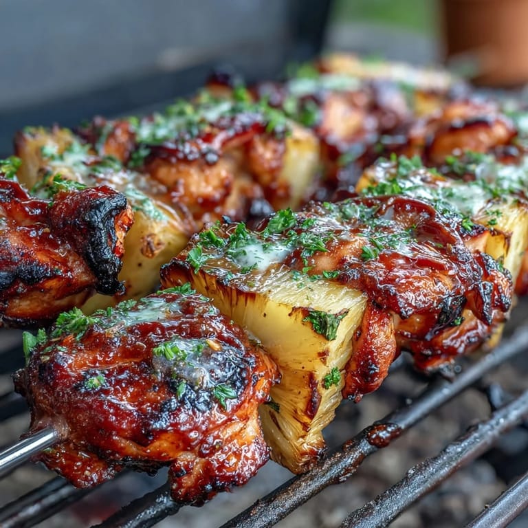 1. Gegrillte Ananas-Hähnchenspieße mit karamellisierten Früchten und saftigem Fleisch, perfekt für sommerliche BBQs.