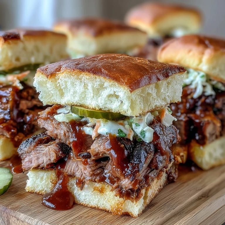 BBQ-Baby-Shower-Brisket-Slider mit zartem Fleisch, säuerlicher Sauce und frischem Krautsalat auf goldgelben Brötchen.