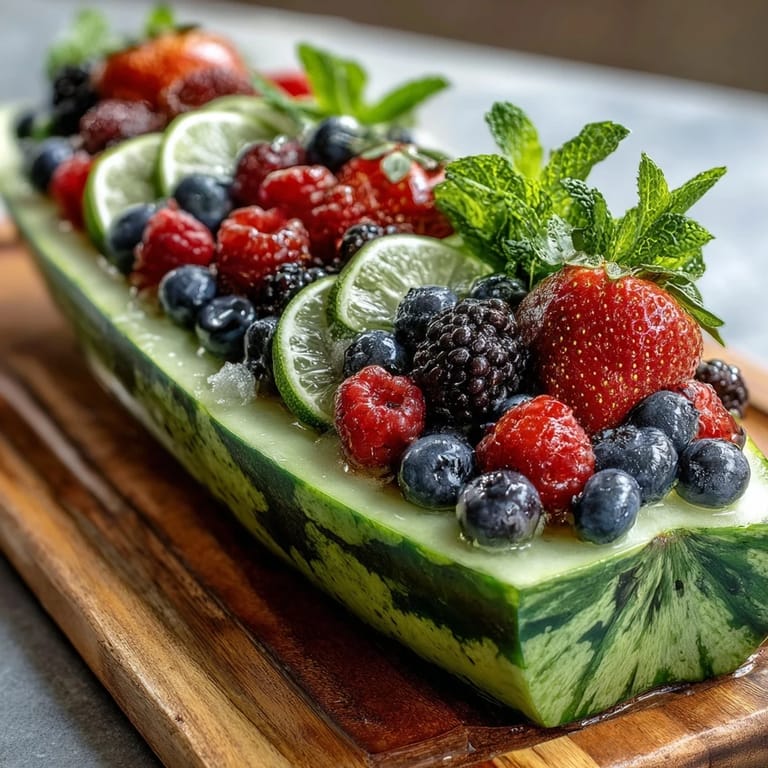 Bunte Sommer-Fruchtplatte mit Wassermelonen-Boot und frischen Beeren