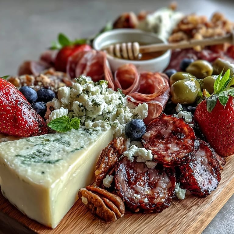 Bunter Frühlings-Charcuterie-Board mit essbaren Blüten, Käse und Früchten, perfekt für glutenfreie Vorspeisen.