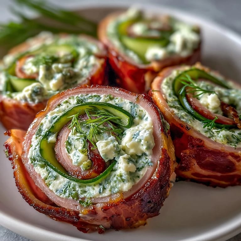 Saftige Schinken-Röllchen mit cremiger Füllung und knackiger Gurke.