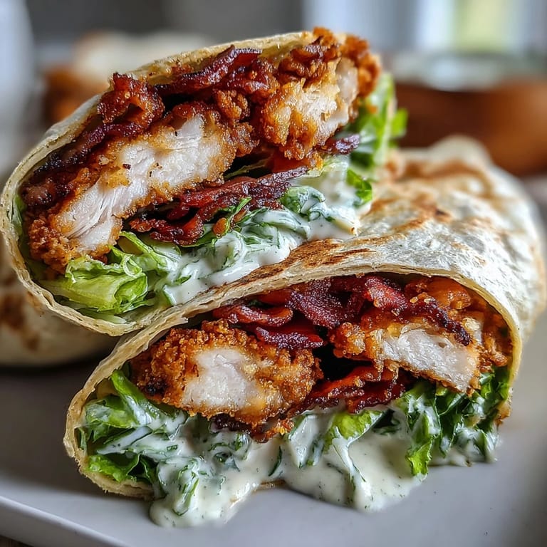 A close-up of Crispy Chicken Bacon Caesar Wraps drizzled with creamy Caesar dressing and grated Parmesan.