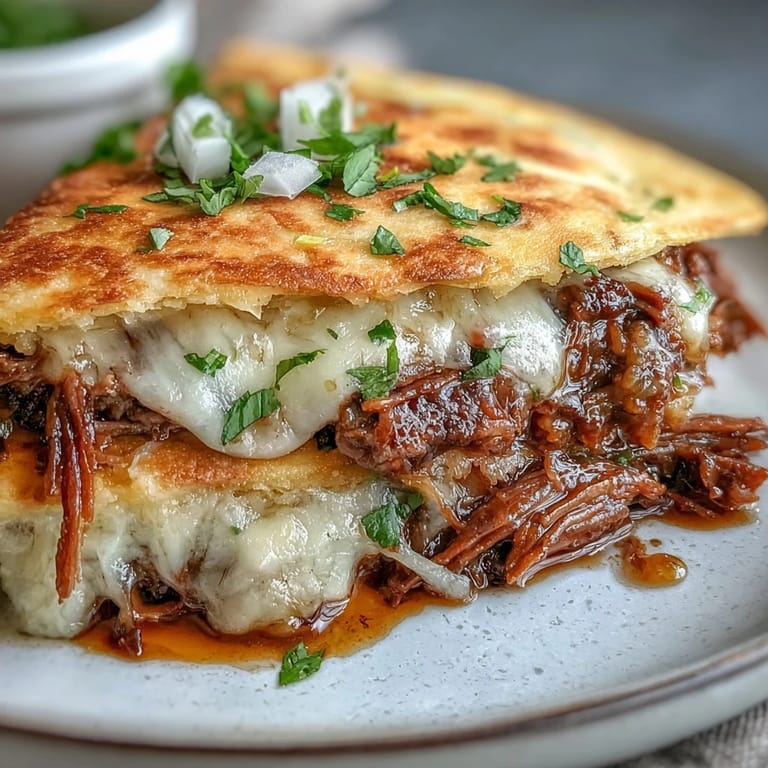 3. Saftige Cinco de Mayo Birria Quesadillas mit geschmolzenem Käse: Zarte, gewürzte Rindfleischstücke in knusprigen Tortillas, garniert mit frischem Koriander und Limette, mit heißem Consommé zum Eintunken.