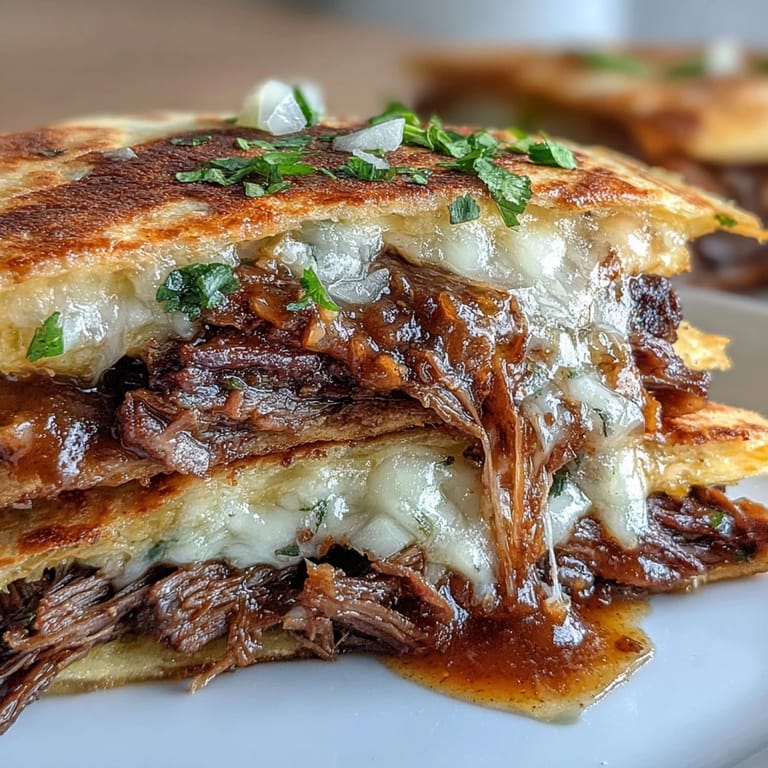 2. Festliche Birria Quesadillas mit aromatischem Consommé: Goldbraune Quesadillas gefüllt mit saftigem, langsam gegartem Rindfleisch und frischen Kräutern, begleitet von einer würzigen Dip-Sauce.  