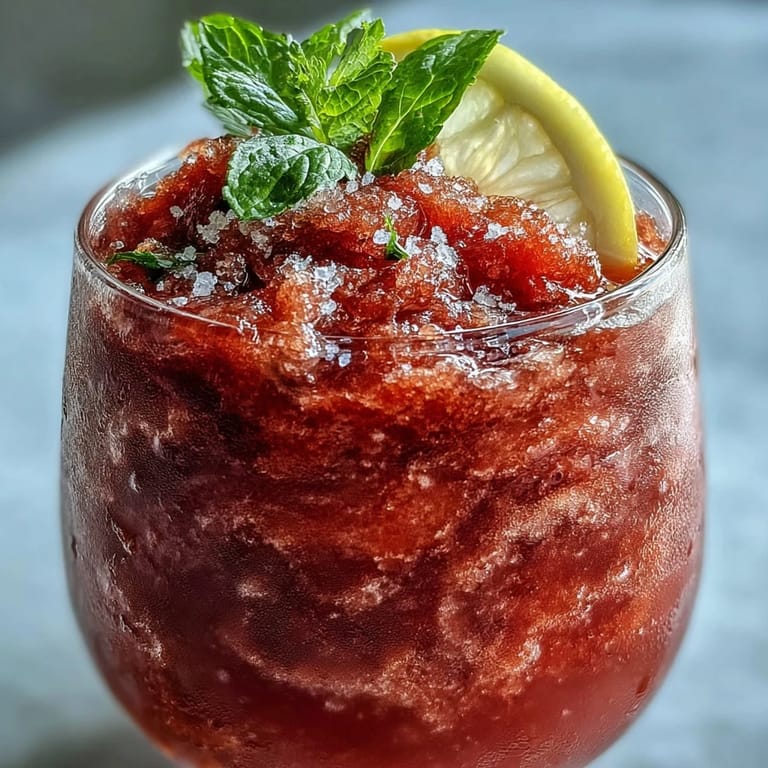 Zwei hohe Gläser gefüllt mit einem leuchtend roten Frozen Strawberry Lemonade Slushie, perfekt für heiße Sommertage.  