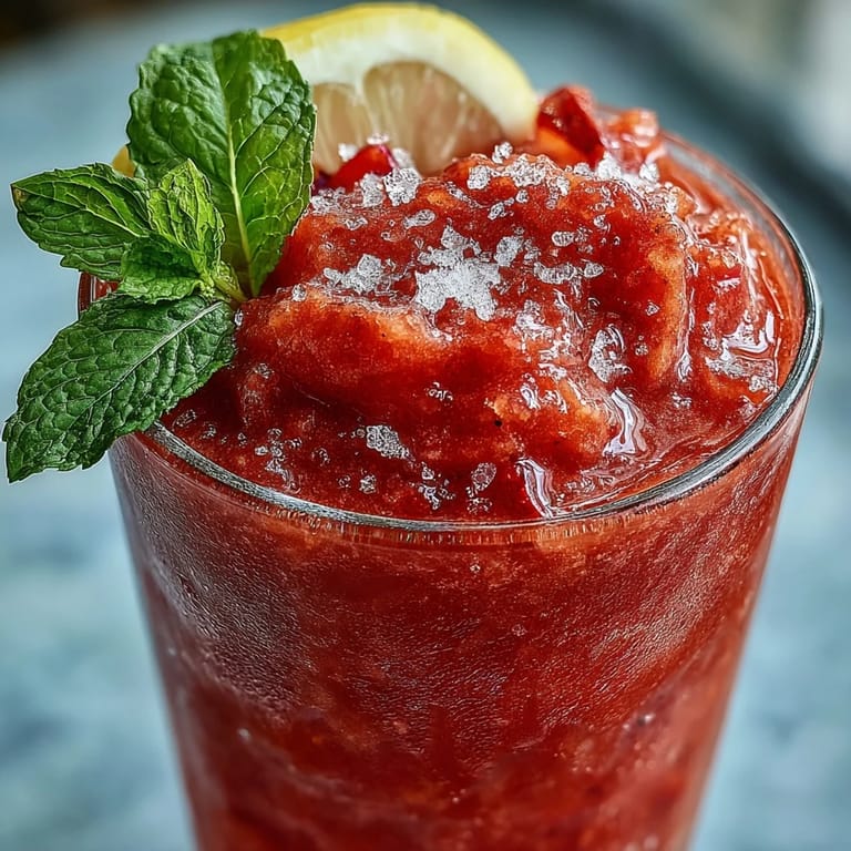 Ein cremiger, eisiger Frozen Strawberry Lemonade Slushie mit frischen Erdbeeren und Zitronensaft, serviert mit Strohhalmen.