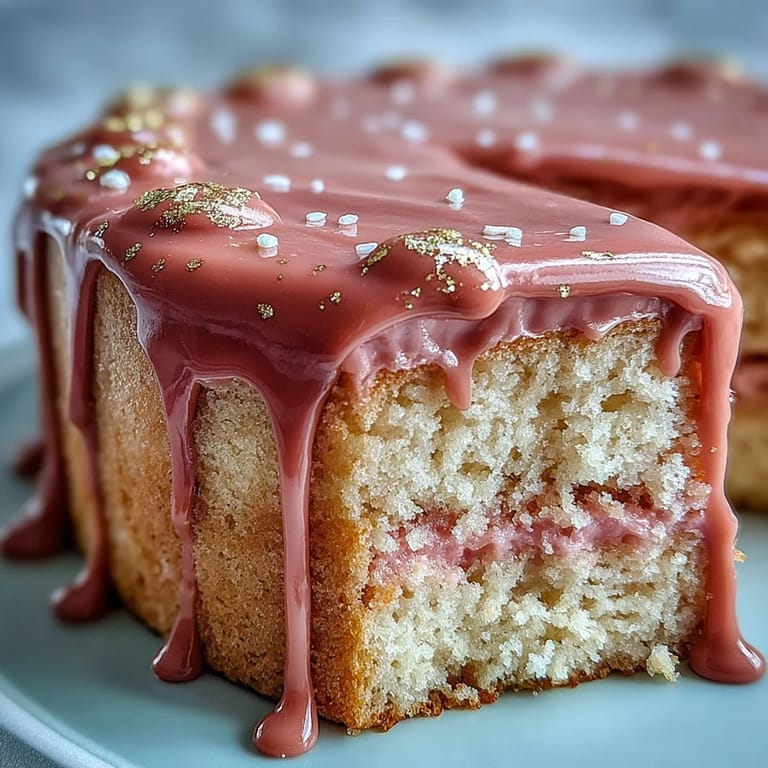 3. Eine raffinierte Rosé-Velvet-Torte mit goldfarbenem Drip, ideal für besondere Anlässe, serviert mit cremigem Frosting und eleganter Dekoration.