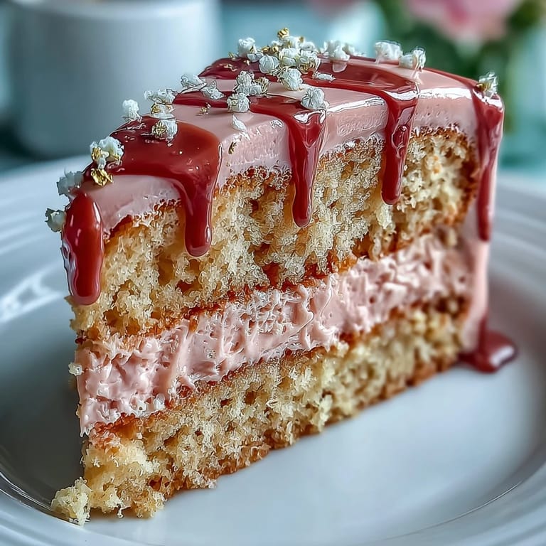 Rosé Velvet Cake mit Goldtropfen: Schichten aus zartem, rosé-infundiertem Samtkuchen, umhüllt von glatter Frischkäsecreme und einem glänzenden Goldtropfen.