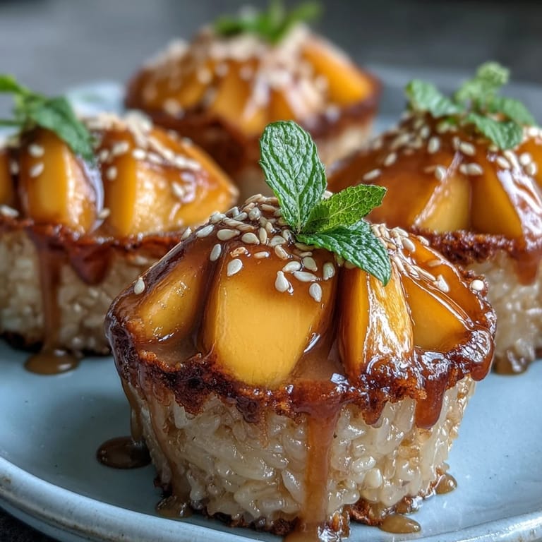 2. Thai-inspirierte Dessert-Cups gefüllt mit süßem Klebreis in Kokosmilch, garniert mit reifen Mangos und gerösteten Sesamsamen.