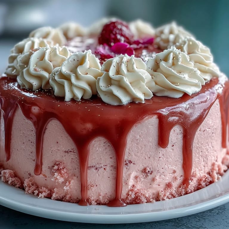 Feinste Rosé Velvet Cake Kreation mit luxuriösem Goldtropfen, festlich arrangiert.