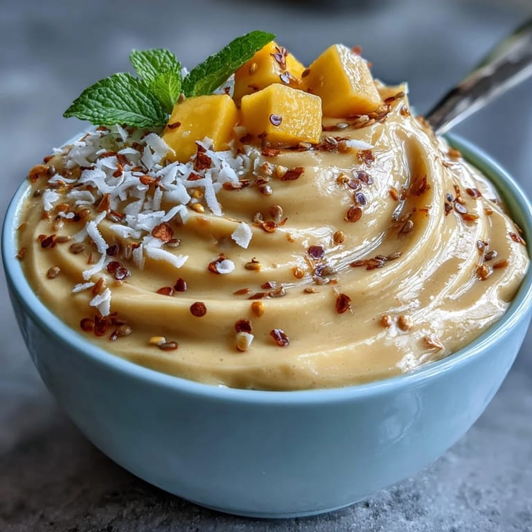 Köstliche Mango-Chili-Limetten-Smoothie-Bowl mit knusprigem Granola und frischen Früchten, ideal für einen gesunden Start.