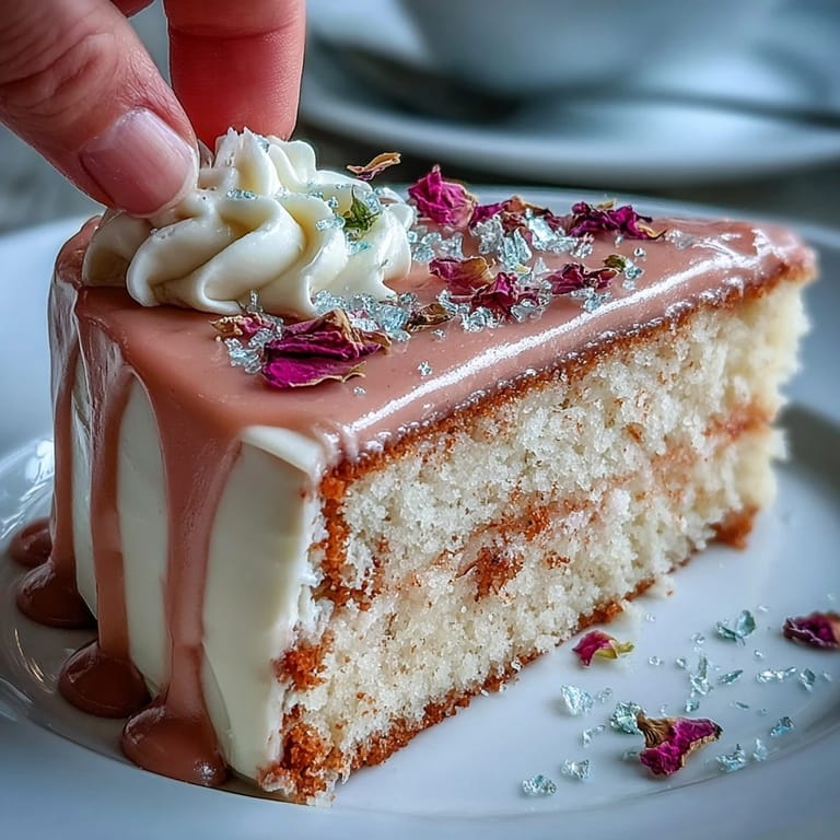 Ein bezaubernder Rosé samtiger Kuchen mit goldenem Glanz, ideal für Hochzeitsduschen.