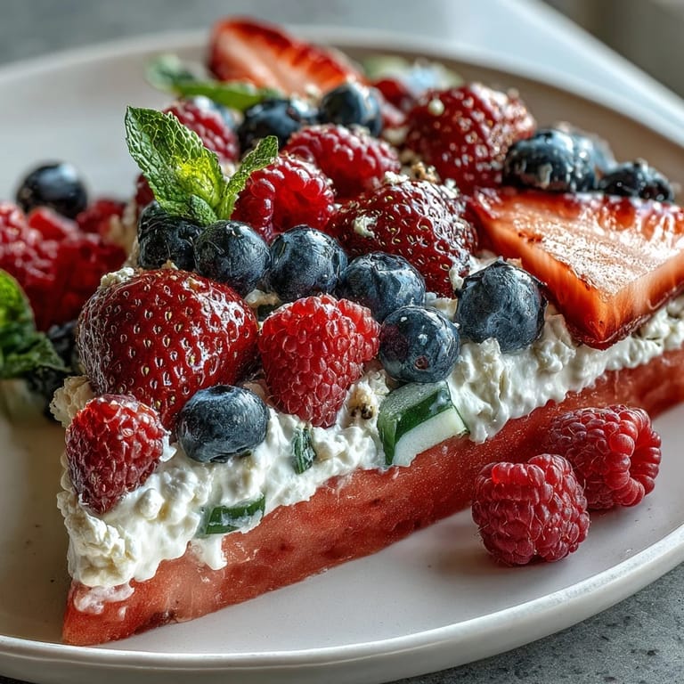Buntes Wassermelonen-Pizza-Dessert, mit Beeren, leicht und perfekt für den Sommer.