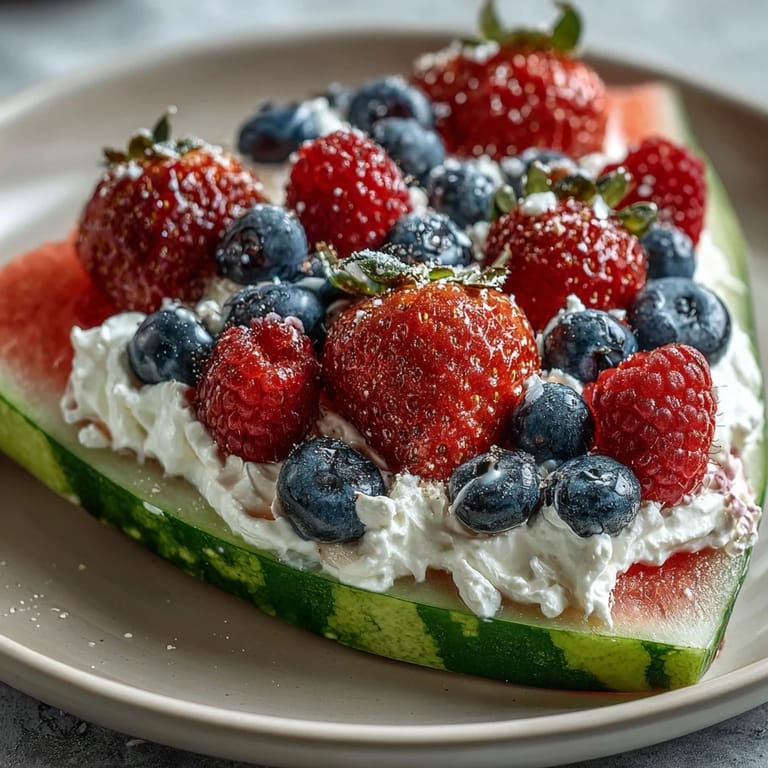 Genießen Sie diese einfache Wassermelonen-Pizza mit Beeren und cremiger Garnitur.