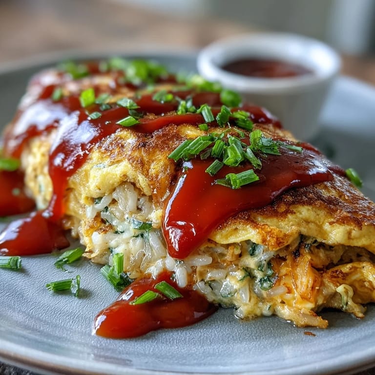 Fluffiges Omurice-Ei umhüllt köstlichen Ketchup-Reis, perfekt für ein Abendessen.