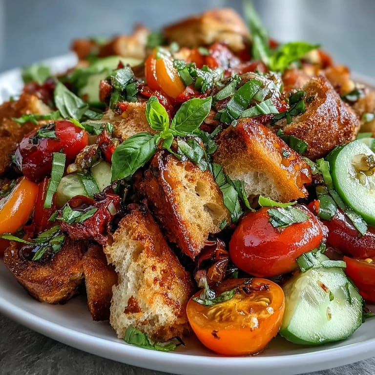 Rustikales Panzanella-Salat mit geröstetem Brot, frischem Gemüse und würzigem Dressing.