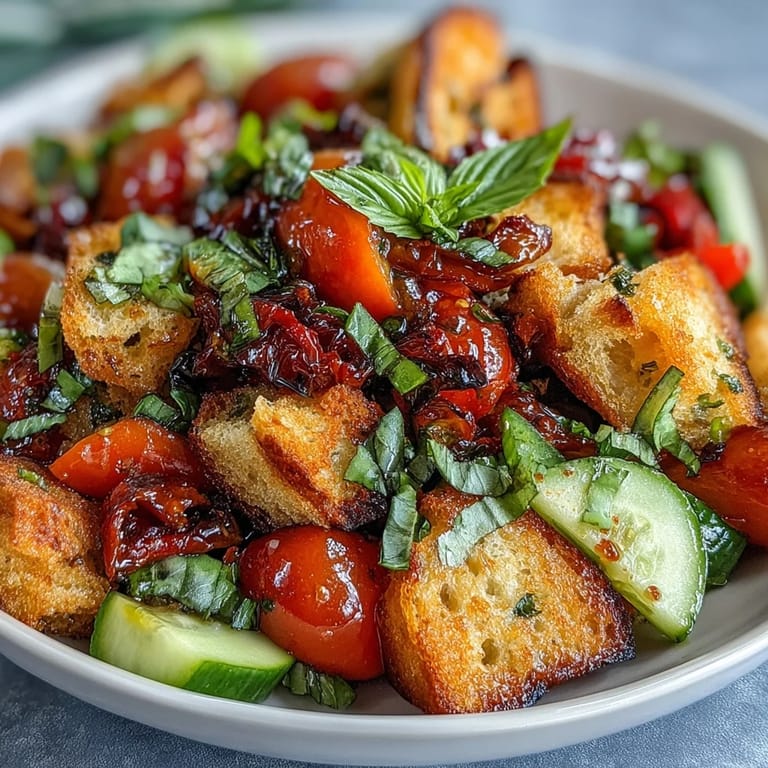 Erfrischende italienische Sommerpanzanella mit leicht rauchigem Brot und buntem Gemüse.