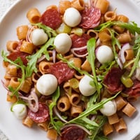 Eine bunte Frühlings-Antipasto-Pasta-Salat-Schüssel mit ditalini, peppigem Rucola, würzigem Salami und cremiger Mozzarella.  