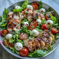 Grilled Chicken Caprese Bowls with Balsamic Reduction featuring juicy grilled chicken, ripe cherry tomatoes, fresh mozzarella, and basil on a bed of greens.