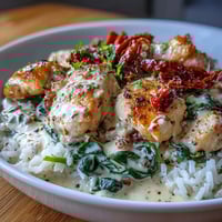 Golden-brown chicken and creamy Tuscan chicken rice skillet topped with fresh basil and Parmesan.