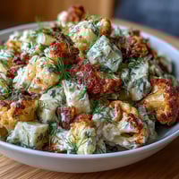 Keto-Blumenkohlsalat mit Dillgurken und Eiern – cremige, kohlenhydratarme Beilage mit geröstetem Blumenkohl, knackigen Dillgurken und hart gekochten Eiern in würziger Sauce.
