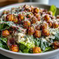 1. Cremige vegane Caesar-Salat mit gerösteten Kichererbsen und Cashew-Dressing, perfekt für eine gesunde, pflanzliche Mahlzeit.  