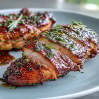 Eine Schüssel mit saftigem Hühnchen in Ahorn-Senf-Glasur auf gerösteten Süßkartoffeln und Rosenkohl, serviert auf nussigem Reis mit Pecannüssen und Cranberries.