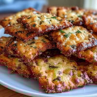 Knusprige hausgemachte Cheez-Its mit Ranch-Geschmack und goldgelber Farbe, perfekt für Game-Day-Snacks.