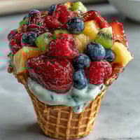 Knusprige Waffelkegel gefüllt mit leuchtenden frischen Früchten und cremigem Joghurtdip – perfekt für Sommerpartys.  