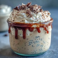 1. Cremige Vanille-Bohnen-Frappuccino-Übernacht-Haferflocken-Dessert im Glas, geschichtet mit Joghurt und Espresso für einen köstlichen Start in den Tag oder als leichten Nachtisch.