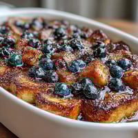 Zitronen-Heidelbeer-Sauerteig-Frühstücksauflauf mit goldener Kruste und frischen Beeren.