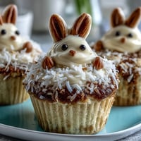 Kokos-Bunny-Tail-Ostereier-Cupcakes mit Marshmallows: Fluffige Cupcakes mit Kokos und Marshmallows als niedliche Hasenschwänze für Ostern.