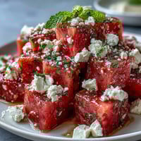 Frische Wassermelonen-Feta-Spieße mit Minze, perfekt für den Sommer.