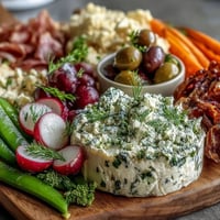 Frischer Frühlings-Charcuterie-Brett mit Radieschen, Erbsen und Kräuter-Dip – perfekt für leichte Zusammenkünfte.
