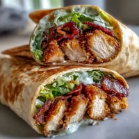 Golden-brown Crispy Chicken Bacon Caesar Wraps filled with juicy chicken, smoky bacon, and crisp romaine.