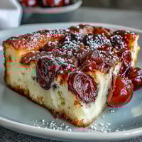 1. Frischer Kirschkuchen mit Vanilleschote, goldbraun gebacken und mit Puderzucker bestäubt.  