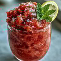 Ein erfrischender, frostiger Frozen Strawberry Lemonade Slushie in zwei Gläsern, garniert mit Zitronenscheiben und Minzblättern.  