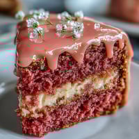 1. Eine elegante rosa Samt-Torte mit Rosé-Aroma, geschichtet mit cremigem Frosting und verziert mit einem goldenen Drip für eine festliche Tafel.  