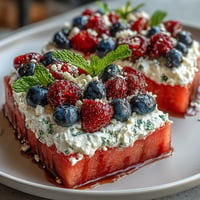 Festlicher Wassermelonen-Pizza-Dessert mit Beeren und Sahnetopping ist erfrischend.